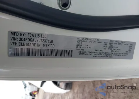 2020 Dodge Journey Se Value z USA, uszkodzony, nr VIN 3C4PDCAB2LT237150